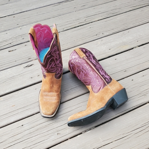 Ariat Round Up Purple Brown Roughout Suede Leather Square Toe Western Boots 7.5 - Picture 1 of 9